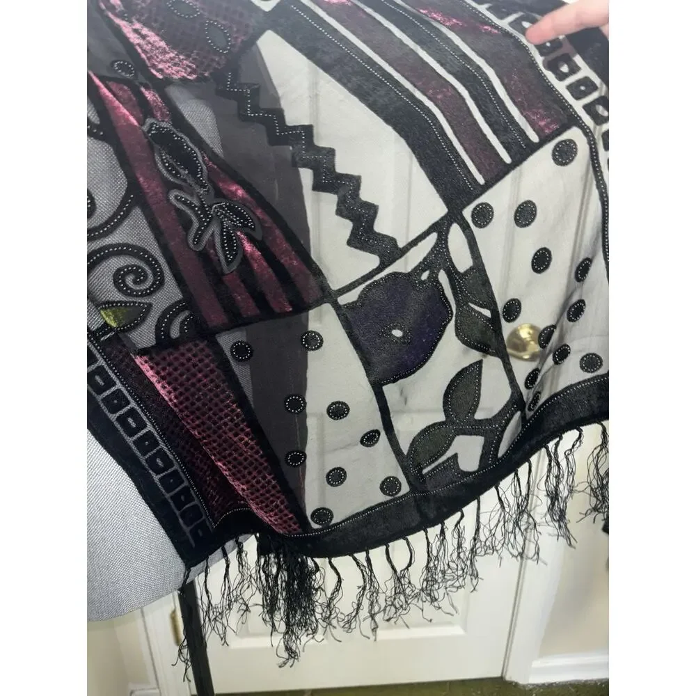 Vtg Silk Devore Burnout Velvet Fringed Shawl Scarf Art Nouveau Floral Boho